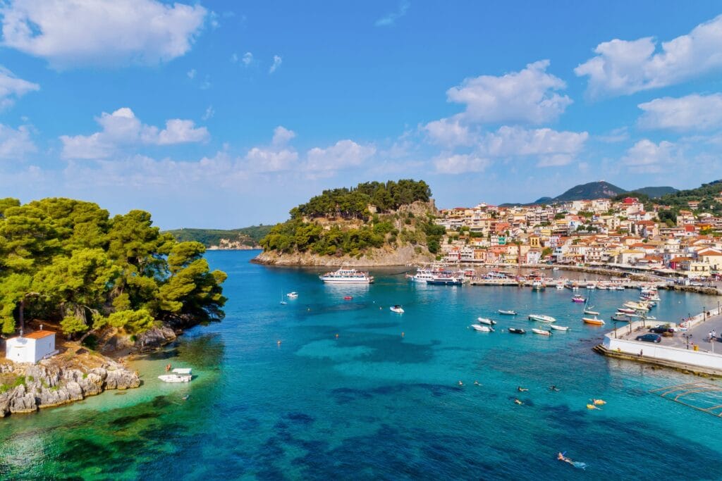 Colorful coastal town by the cliffs and sea