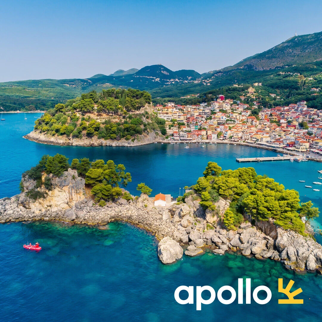 Coastal town with green islands and turquoise water